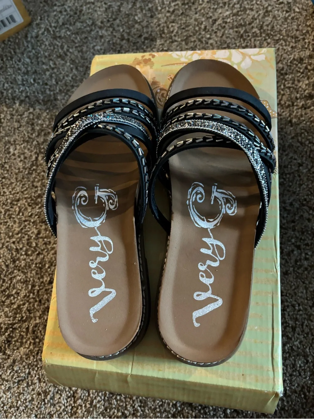 Black Beaded Strappy Slide Sandals - Women 8.5
